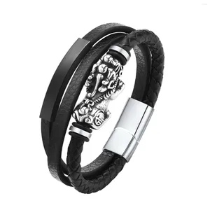 Link pulseiras rock punk bravo tropas animal charme para homens preto corda de couro corrente presente pai marido pulseira jóias