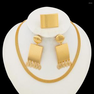 Necklace Earrings Set African Gold Color Jewelry For Women Dangle And Ring With Chain Dubai Brazilian Gifts