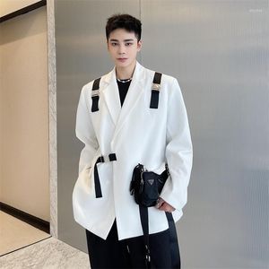 Men's Suits 2023 Fashion Ribbon Buckle Design Black White Casual Blazer Mens Korean Chic Style Loose Suit Jacket Costume Homme