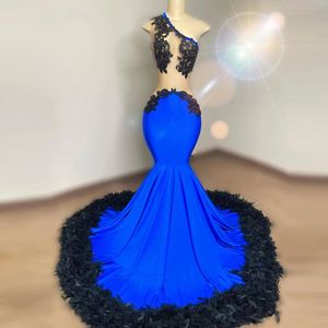 New Royal Blue Mermaid Prom Dress With Feathers Appliques One Shoulder Illusion Sexy Evening Gowns Formal Occasion Dresses