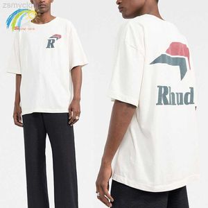 Camisetas masculinas impressão simples casual rhude t-shirt homem mulher 1 1 algodão high street rhude tee tee branca retalhos de manga curta