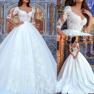 Tulle Bateau Neckline Ball Gown Wedding Dresses With Beaded 3D Flowers Lace Appliques Bridal Wedding Gowns Half Sleeves Mermaid Wedding Dresses Vestidos De Novia