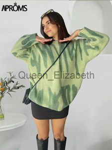 Women's Sweaters Aproms Elegant Green Striped Print Pullovers Women Winter O-Neck Loose Long Sweaters Streetwear Warm Outerwear 2022 J231107