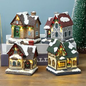 Decorative Objects Figurines Christmas Decoration Led Luminous Cabin Christmas Village Building Resin Home Display Party Holiday Gift Home Decoration 230407