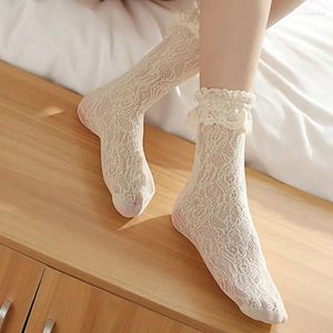Женские носки, милые японские носки в стиле Лолиты, кавайные белые кружевные носки с рюшами до щиколотки, милые женские носки принцессы с оборками в стиле ретро