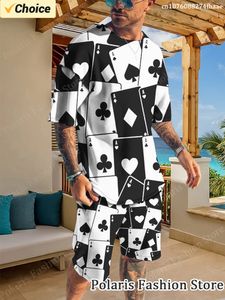 Tute da uomo Estate T-shirt stampata da poker in bianco e nero Set da uomo Tuta da spiaggia a maniche corte Casual 2 pezzi Abiti Abbigliamento sportivo maschile 231107