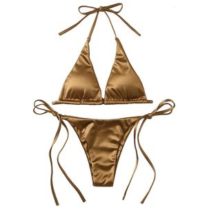 Swim wear Sexy Women's Metal Strap Top Two Piece Swimwear Tie Triangle Bikini Summer Solid Swimwear Beach Suit Bikini Set 230406