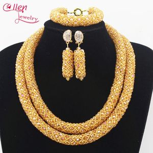 Necklace Earrings Set & Golden Crystal Nigerian Wedding Bridal African Beads Jewelry Handmade Dubai Sets Bracelet N0026