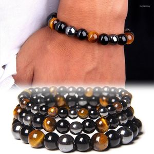 Strand pärlstav strängar hematit massiva tiger ögonpärlor naturliga läkning kraft ädelsten kristall unisex justerbara makrame armband 6-10mm