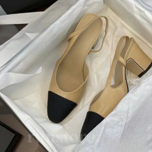 Sandali da donna Scarpe eleganti ballerine in pelle piatta Slingback spessi tacchi alti Beige cinturino posteriore patchwork nero Sexy Bar Party Scarpe robuste da donna taglia 34-42