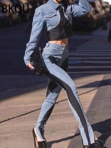 Женские джинсы BKQU Узкие женские брюки-карандаш с разделенным дизайном Модные брюки-карандаш с высокой талией Контрактный цвет Лоскутная эластичная длинная джинсовая ткань оптом