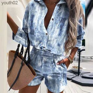 Womens T-shirt Summer 2 Piece Set Outfits Fashion Print Kort ärmskjortor Toppar Elastik Hög midja Shorts Suit Casual Set Ropa Mujer ZLN231108