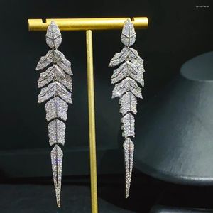 Dangle Earrings 2023 Sliver Color Leaf Long Drop for Elegant Women Luxury Cubic Zirconia Fish Bone Bone Bridal Wedding Jewelry