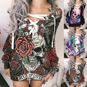 Casual Dresses Totenkopf Rose Print Damen Kleid Herbst Winter Langarm Gothic Stil Damen Hoodie Y2K Mädchen Lose Sweatshirt