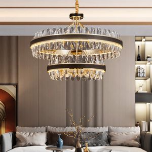 Crystal LED Light Ceiling Chandeliers 2023 Black Leather Luxury Lustres Round Hanging Lamps Home Decor for Living Room