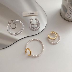 Backs Ohrringe Korea 2023 Vintage Double Metal Pearl Ear Bone Clip Ohne durchbohrte Ellipse Für Frauen Mädchen Exquisite Chic Schmuck