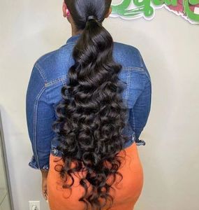 Extra lange tief gelockte Pferdeschwanz-Verlängerung Clip-Ins aus Echthaar für schwarze Frauen tief hoch Wickel Kordelzug Pferdeschwanz-Haarteil 160 g Brasilianisches Haar Pferdeschwanz Jet Puff Afro