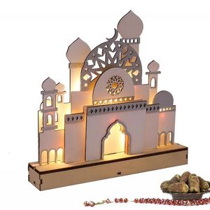 装飾的なオブジェクトの図形Eid Night Light Decoration 3D Mosque Castle Led Islamic Wooden Craft Gift Eid Decoration Home 230407