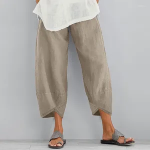 Women's Pants Harajuku Loose Cropped Harem Vintage Women Cotton Linen Elastic Waist Wide Leg Trousers Casual Solid Pockets 2023