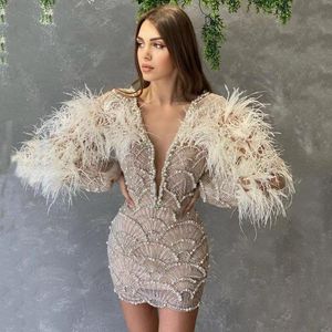 Casual Dresses Women's Sexy V-neck Beaded Dress Long Sleeve Feather Wine 2023 Fashion Luxury Dubai Party DressCasual