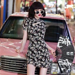 エスニック服エレガントな女性プリントフラワーQIPAO VESTIDOS VINTAGE SLIM MINI CHEONGSAM CHINOSE LADIESステージドレスゴシックガールパーティーQI