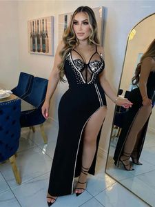 Abiti casual IDress Splendido corsetto senza maniche con strass Party Glam Inserto in pizzo con spacco alto Paillettes Abito da notte Clubwear di compleanno