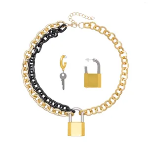 Halskette Ohrringe Set Goldene Legierung Kette Schloss Schlüssel Anhänger Stud Für Frauen Neuartige Asymmetrische Kurzen Hals Halsketten Mädchen