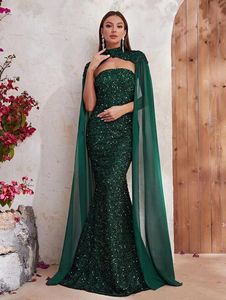 Emerald Green Evening Prom Dresses Sparkly Sequins Long Party Dresses Evening Gowns with Shawl Cape Celebrity Dress Customize