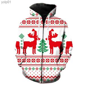 Moletom com capuz masculino estilo natal com zíper masculino 3D impresso Harajuku com capuz jaquetas legal moda casual longo sle moletons engraçados topsL231107