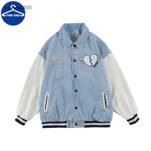 monclair north the face jacket Autumn New American Distressed Denim Baseball Jersey Men's Love Embroidered Loose Wash Jacket