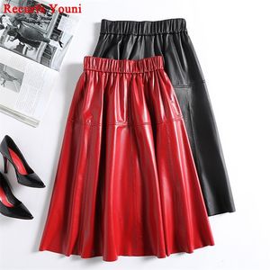 Skirts Women's leather jacket 100% sheepskin elastic waist A-line Jupe and attractive red and white pleated mid length dress 230406