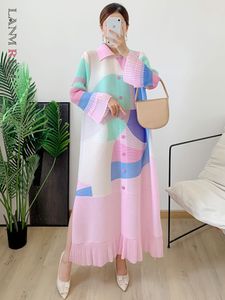 Casual Dresses Lanmrem Maxi Pleated Dress Women's Polo Neck Single Chest Long Sleeve Color Block Tassel Hem unik klänning Autumn 2R5928 230407