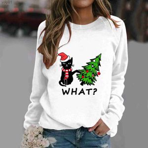 Erkek Hoodies Sweatshirts Noel Kadınları T-Shirt Çirkin Kedi Baskı O Boyun Sweatshirt Yuvarlak Boyun Fit Kazak Üstler Uzun Slex Noel Hoodies Bluz Fel231107
