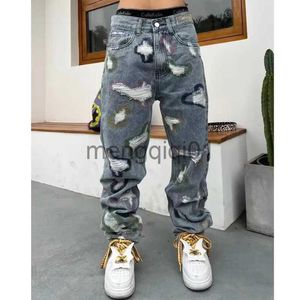 Mäns jeans American Heavy Industry Splicing Knife Cut Holes Erosion Patch Jeans High Street Hip-Hop Loose rak Micro Fleared Pants J231107