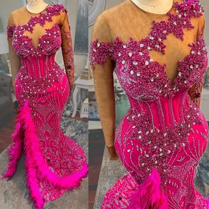 Mermaid Luxurious Plus Size Aso Ebi Prom Dresses Fuchsia Feather Long Sleeves Hand Made Flowers Beaded Pleated Side Split Sequined Evening Dress Gala Gowns