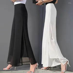 Women's Pants Summer Office Lady Wide Leg Long Trousers Casual Vintage High Waist Chiffon Side Split Loose Skirt Solid