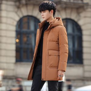 Winter new hooded couple down jacket mid length high version school uniform, same style white duck down for men and women