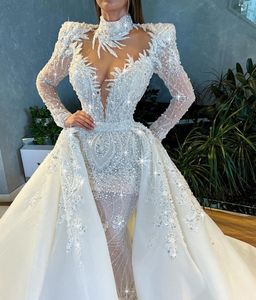 Luxury Mermaid Wedding Dresses Long Sleeves V Neck Halter Beaded Sequins Appliques Pearls Detachable Train Beaded Bridal Gowns Plus Size Vestido de novia Custom