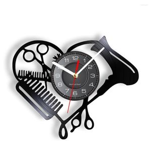 Wall Clocks Barber Shop Heart Shape Record Clock Beauty Salon Tools Hair Dryer Scissor Comb Hairstylist Design Silent Watch