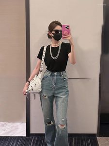 Women's Jeans Zhao Lusi A Celebrity With The Same Blue Pierced High Waisted Summer 2023 Design Sense Niche Wide Leg Pants