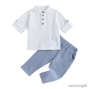 Set di abbigliamento Completi estivi per bambini Ragazzi Bottoni in tinta unita Camicie a maniche corte e pantaloni lunghi in vita Set di vestiti da 2 pezzi