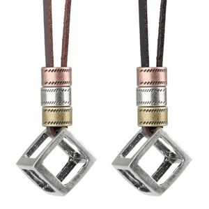 Pendant Necklaces Vintage Women Men Adjustable Leather Rope Chain Necklace Shellhard Hollow Square Cube Unisex Simple Jewelry