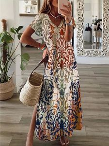 European and American Style Floral Print Split Long Dress Fresh and Cute Women's Dress