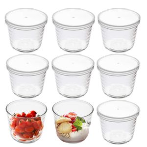 Tigelas de vidro com tampas de plástico, copos transparentes para pudim, prato de frutas, recipientes de vidro para salada, sobremesa, lanches, freezer, tigelas de armazenamento de alimentos