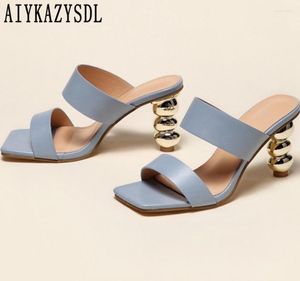 Sandals AIYKAZYSDL Strange High Heel Metallic Women Mule Slippers Square Toe Outdoor Beach Summer Shoes Design Plus 42
