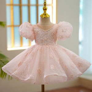 Rosa glänzende Blumenmädchenkleider mit Perlen, elegantes, appliziertes Spitzenperlen-Erstkommunion-Kleid, Prinzessin, ärmellos, maßgeschneidertes Blingbling-Festzug-Kleid für Kinder