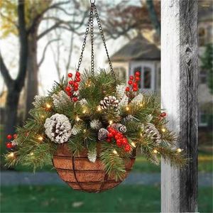 Decorative Flowers Merry Christmas Artificial Hanging Basket Pine Cones Tree Branch With Light Strings Xmas Pendants Gifts Garland Home