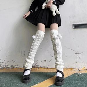 Women Socks Lengthened Twist Leg Warmer Winter Warm Long Knitted Over Knee Stockings Girls Lolita JK Calf Sleeves With Soft Ball