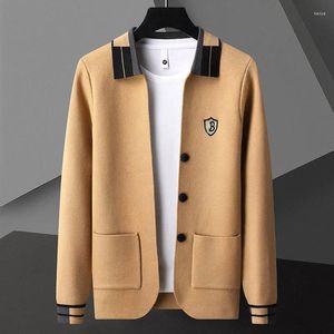 Suéter masculino outono lapela suéter casaco cáqui listrado contraste patchwork impressão cardigan homens sweter designer jaqueta de malha