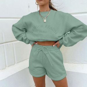 Kvinnors spårningsdräkter 2023 Spring Sets Fashion Casual broderi Letter Solid Long Sleeve O-Neck Loose Tops Shorts 2-PC Suitswomen ''